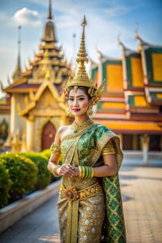 Thai woman in national clothes of Thailand against the background of the palace. Ai generated image
