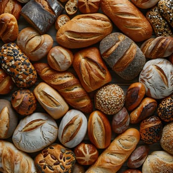 An array of various bread types made from natural ingredients such as seeds and wheat, displayed on a wooden table alongside singleorigin coffee and fruits