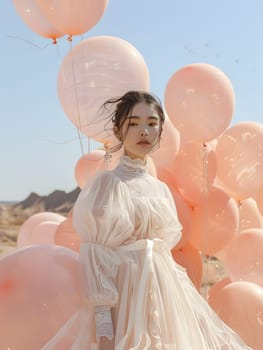 A happy woman in a white gown is standing among pink balloons, making a joyful gesture. The scene resembles a painting, with the sky as the backdrop, creating a fun and formal wear bridal accessory