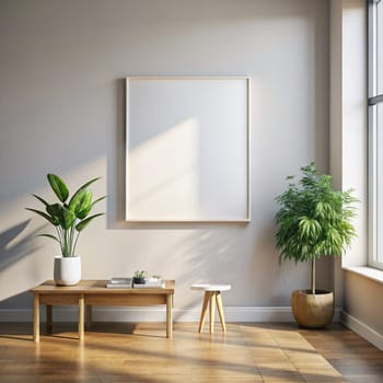 Modern Scandinavian home interior with mock-up photo frame, chair, design wooden table with books, plants in white pots. Stylish dining room. Ai generated