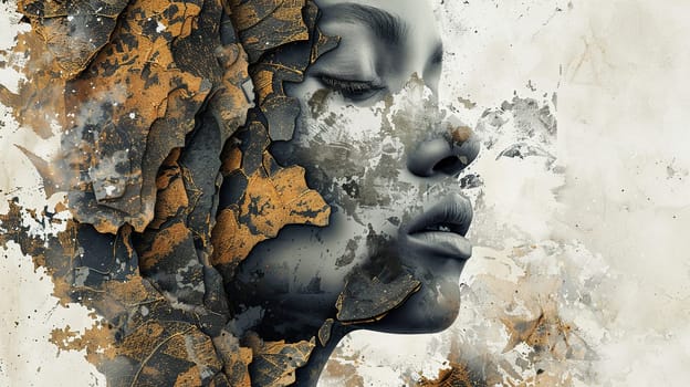 Portrait of a young black woman in grunge style with a cracked wall and space for text. Horizontal banner, poster.