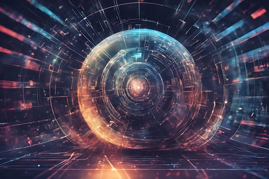 A circular shape is prominently featured in the center of the abstract background, surrounded by intricate patterns and textures. The design creates a focal point that draws the eye towards the center of the composition.