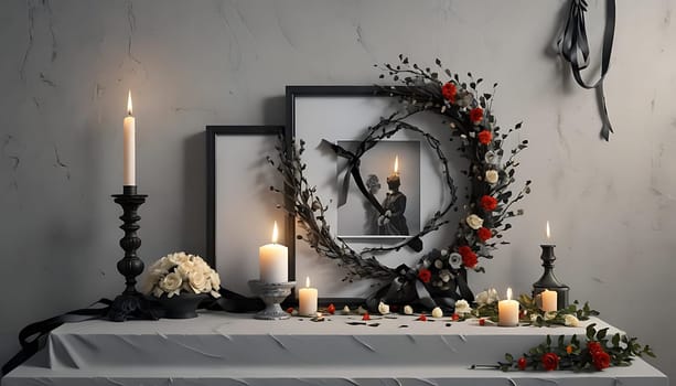 A table covered with lit candles and a festive wreath placed in the center, creating a warm and inviting atmosphere.