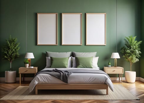 Modern Scandinavian home interior with mock-up of three photo frame, bed, and plants in white pots. Stylish green bedroom with king-size bed. Ai generated