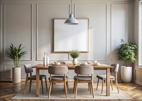 Modern scandinavian home interior with mock up photo frame, design wooden table with chairs, plants in white pots. Stylish dining room. Ai generated