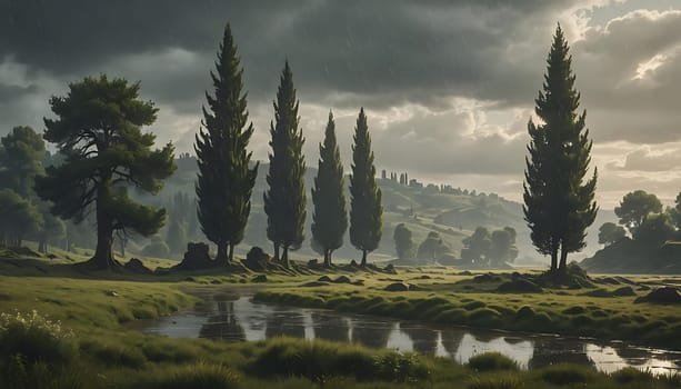 This painting depicts a landscape with lush trees lining the foreground and a serene body of water in the background. The trees are painted in various shades of green, with leaves blowing gently in the breeze, and the water reflects the clear blue sky above.