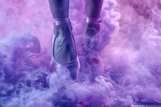 Close-up of ballet shoes in a cloud of lilac smoke