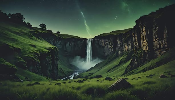 A powerful waterfall cascades down a rocky cliff in the heart of a verdant valley filled with lush greenery. Water gushes and splashes into a crystal-clear pool below, surrounded by dense trees and vibrant foliage.