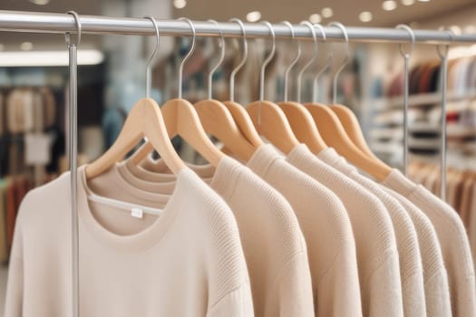 Pastel beige sweaters on hangers in a store