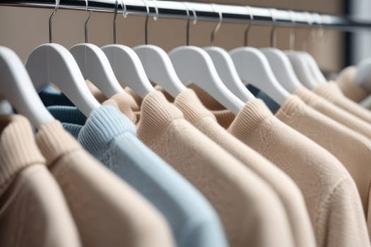 Pastel beige sweaters on hangers in a store