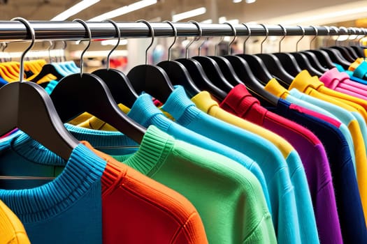 Vibrant sweaters showcased on hangers in a store, ready for shoppers