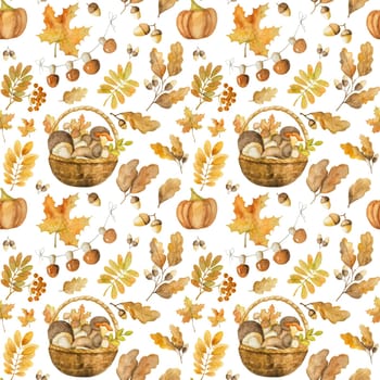 Autumn oak and maple leaves with pumpkin watercolor drawing seamless pattern. Fall season foliage with acorns aquarelle painting