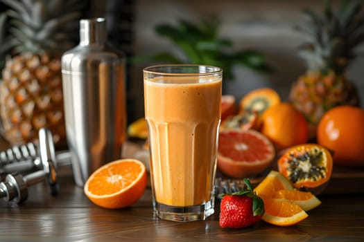 A refreshing glass of orange juice sits on a wooden table amidst a variety of fruit including Rangpur, Clementine, and Valencia oranges, creating a vibrant display of citrus ingredients