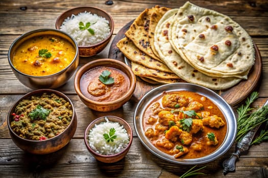 A indian dinner with paratha, curry, rice on a wooden table top view. Ai generated image