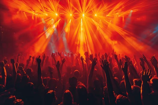 A crowd of people at a party, concert in the rays of spotlights.