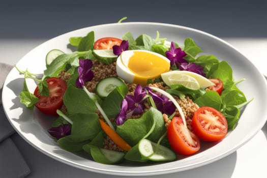 Fresh and colorful vegetarian salad presented in a deep dish on a café table, showcasing a harmonious composition against the clean white background.