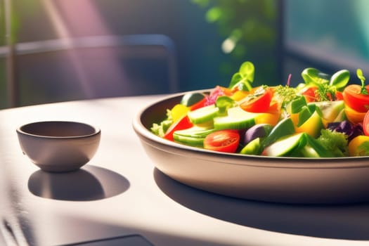Appetizing vegetarian salad in a deep dish, placed on a café table, offering a beautiful contrast against a white surface.