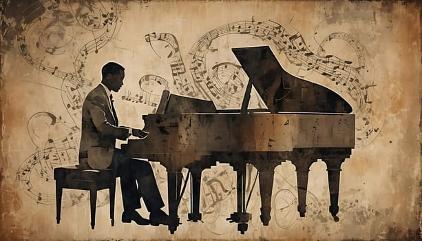 A painting depicting a man skillfully playing a grand piano, his fingers dancing across the keys with precision and passion. The man is fully engrossed in the music, his expression focused and intense.