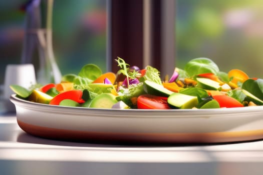 Fresh vegetarian salad served in a deep dish, positioned on a café table, offering a visually appealing scene.