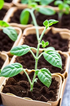 Tomato seedlings.The seedling of the bushes of tomatoes of different varieties. Sown tomatoes in cardboard peas with peat content