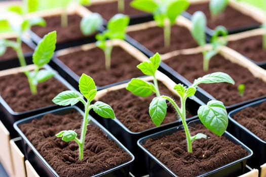 Tomato seedlings.The seedling of the bushes of tomatoes of different varieties. Sown tomatoes in cardboard peas with peat content