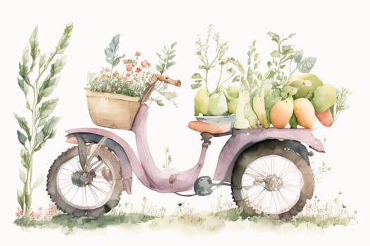 The concept of gardening in watercolor style. Garden supplies.