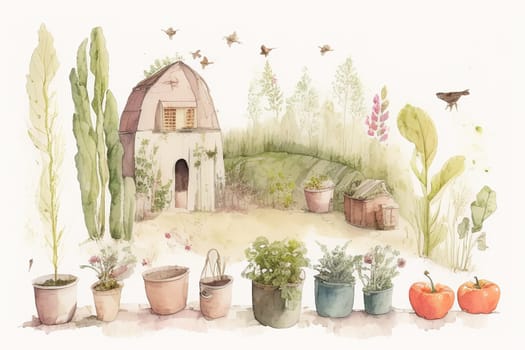 The concept of gardening in watercolor style. Garden supplies.