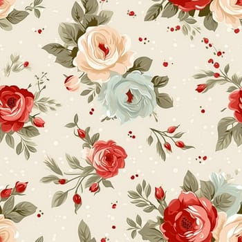 Seamless pattern, tileable floral country holiday print with roses, dots and flowers for wallpaper, wrapping paper, scrapbook, fabric and polka dot roses product design idea