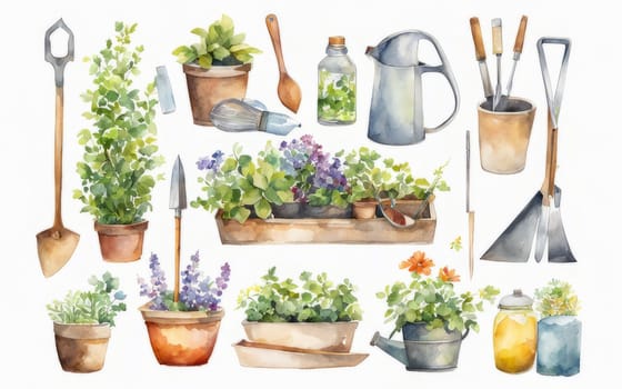 Illustrative interpretation in watercolor style, depicting the concept of gardening through a colorful and artistic representation of various garden supplies