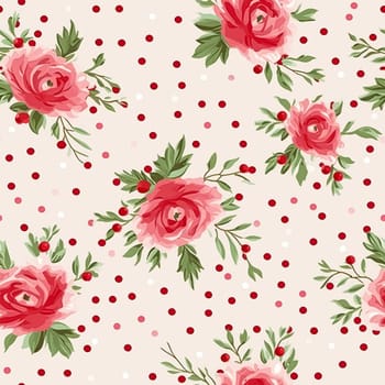 Seamless pattern, tileable Christmas holiday floral, country flowers dots print, English countryside roses for wallpaper, wrapping paper, scrapbook, fabric and product design motif