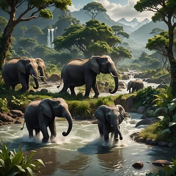 A herd of elephants is seen moving across a river, the water rippling softly around their massive bodies. The elephants walk carefully, their long trunks raised as they navigate the flowing water.