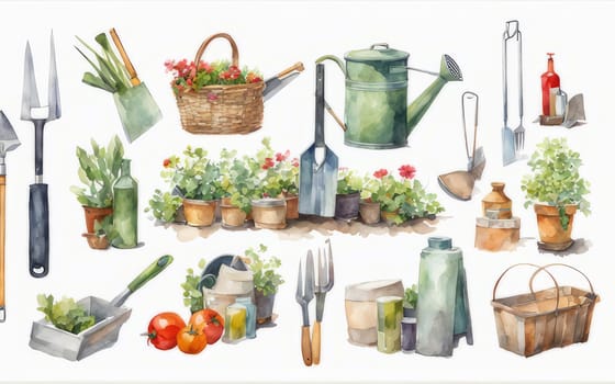 Beautiful watercolor illustration capturing the essence of gardening, featuring a delightful array of tools and accessories typically used in a garden setting