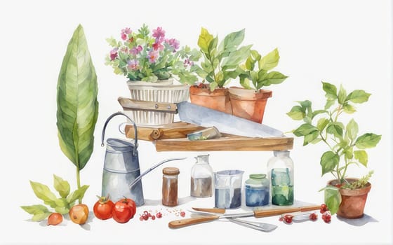 Creative watercolor composition symbolizing the art of gardening, featuring a colorful and imaginative representation of various garden supplies