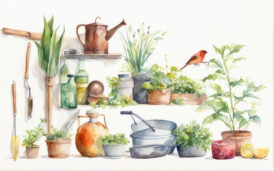 Beautiful watercolor illustration capturing the essence of gardening, featuring a delightful array of tools and accessories typically used in a garden setting