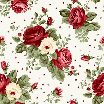 Seamless pattern, tileable floral country holiday print with roses, dots and flowers for wallpaper, wrapping paper, scrapbook, fabric and polka dot roses product design idea