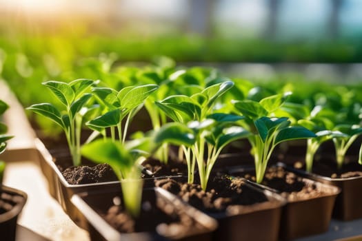 Immerse yourself in a sunlit greenhouse teeming with young, vibrant green seedlings, serving as a visual testament to sustainable agriculture and the cultivation of plant life