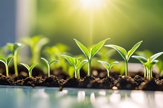 Immerse yourself in a sunlit greenhouse teeming with young, vibrant green seedlings, serving as a visual testament to sustainable agriculture and the cultivation of plant life