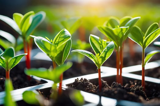 Immerse yourself in a sunlit greenhouse teeming with young, vibrant green seedlings, serving as a visual testament to sustainable agriculture and the cultivation of plant life