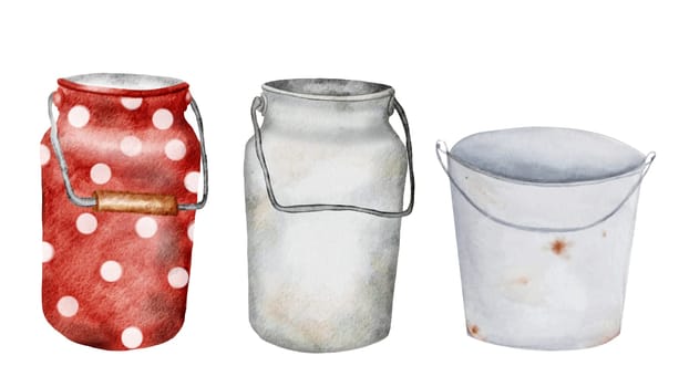 Milk cans watercolor set. Hand drawing on isolated white background of milk cans and buckets. Vessels for liquids in vintage style. For educational cards and design of natural farm products stores, tags and price lists. High quality illustration