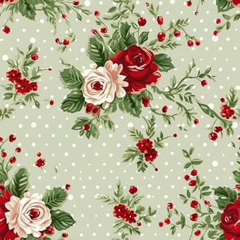 Seamless pattern, tileable Christmas holiday floral, country flowers dots print, English countryside roses for wallpaper, wrapping paper, scrapbook, fabric and product design motif