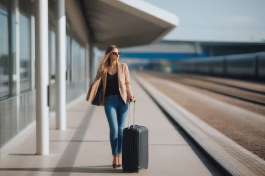 Stylish and sophisticated shot of a woman confidently making her way through a train station, capturing the essence of rail travel