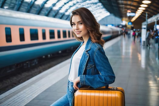 Modern and chic portrayal of a woman with a suitcase in a train station, reflecting the excitement and novelty of traveling by rail