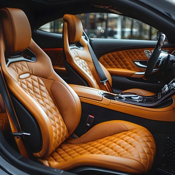 A vehicle with luxurious brown leather seats and a matching steering wheel, showcasing highend automotive design in its interior