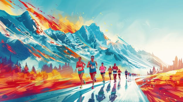 An inspiring poster for a marathon, showcasing runners on a picturesque road with mountains in the background.