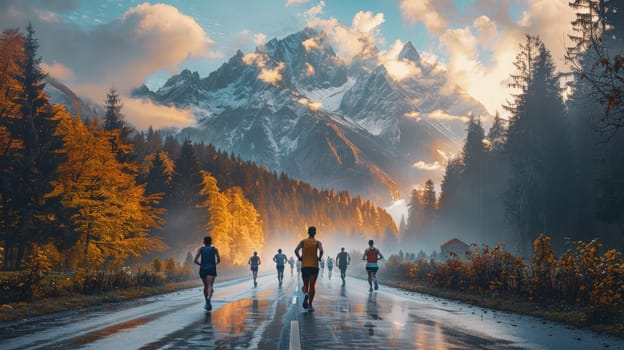 Journey to Success, Marathon Runners Conquering Scenic Paths with Motivational Energy.