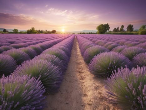 Soothing lavender field at sunset radiates serene tranquility
