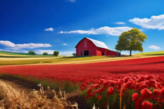 Tranquil countryside scene showcasing vibrant agricultural fields and a traditional red barn surrounded by the beauty of nature