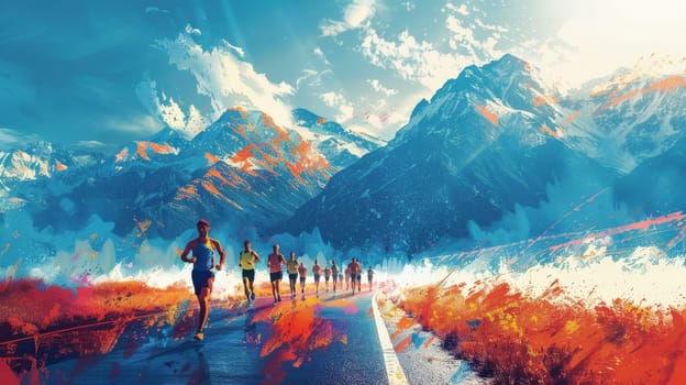 Journey to Success, Marathon Runners Conquering Scenic Paths with Motivational Energy.