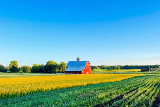 Tranquil countryside scene showcasing vibrant agricultural fields and a traditional red barn surrounded by the beauty of nature