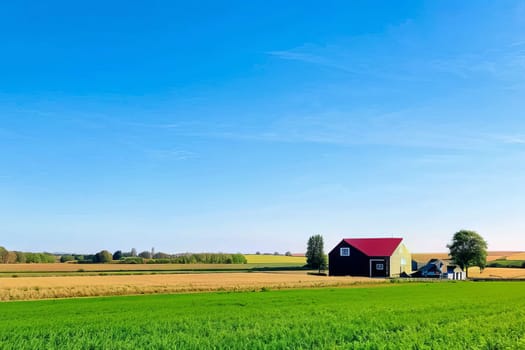 Tranquil countryside scene showcasing vibrant agricultural fields and a traditional red barn surrounded by the beauty of nature